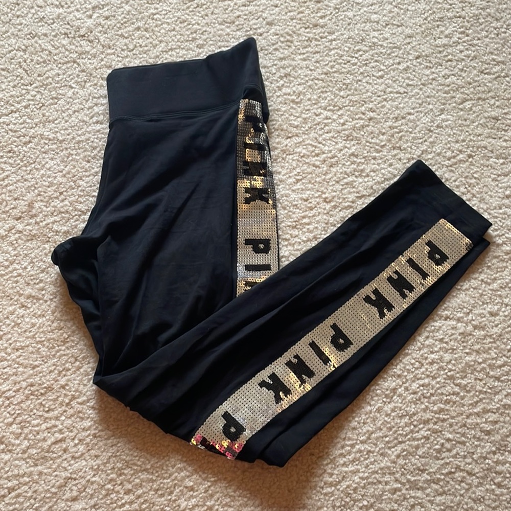 PINK black yoga leggings with sequin details